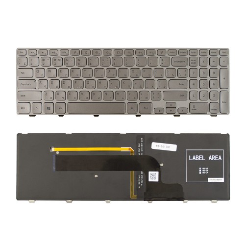 Клавиатура для ноутбука Dell Inspiron 15-7000 15-7537  Series. Плоский Enter. Серебристая, с серебристой рамкой. С подсветкой. PN: 0KK7X9.