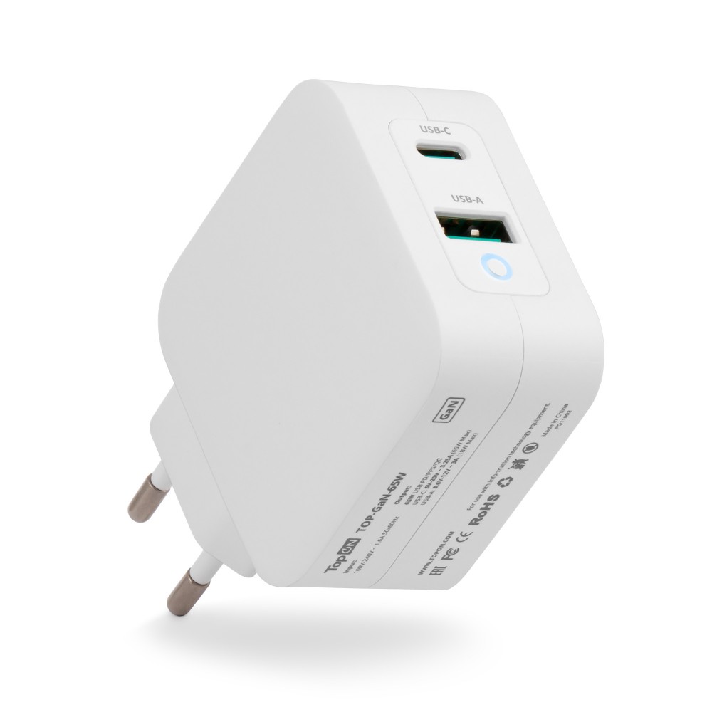 Блок питания TopON GaN 65W Type-C PD, PPS, USB QC Белый TOP-GaN-65W