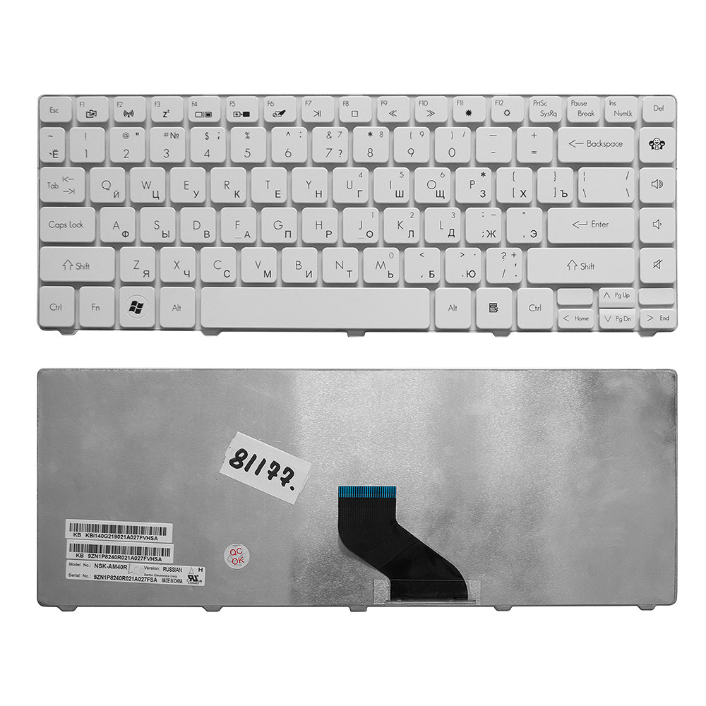 Клавиатура для ноутбука Packard Bell EasyNote NM85, NM86, NM87 Series. Плоский Enter. Белая, без рамки. PN: NSK-AM30R.