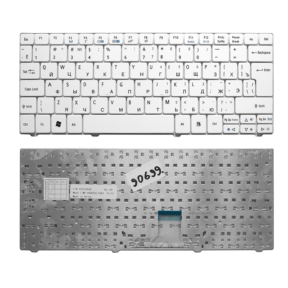 Клавиатура для ноутбука Acer 1810, 1830T, 721, 722, 751 Series. Г-образный Enter. Белая без рамки. PN: NSK-AQ00R.